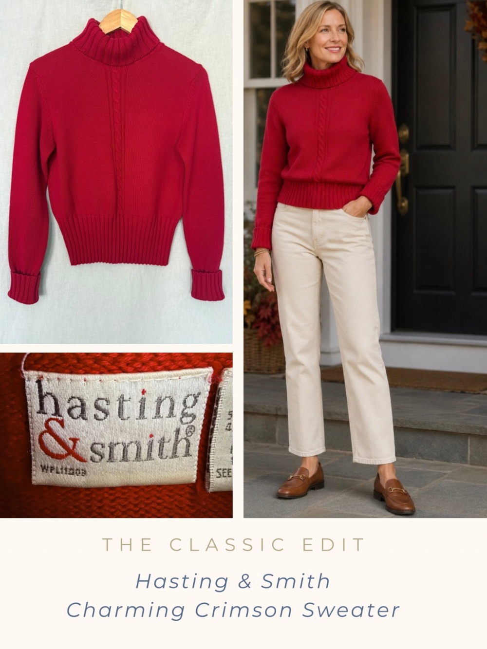 Crimson Red Turtleneck Sweater Cable Detail Fall Winter Holidays